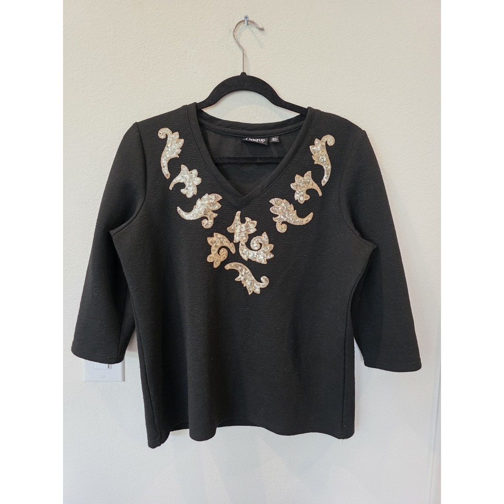 Onque Casuals Black Knit Blouse‎ Sz LP Gold Sequin 3/4 Sleeves Fun Dressy Chic